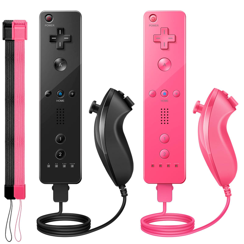 PGYFDAL Wii Controller 2 Pack, Wii Remote Controller and Nunchuck Joystick with Silicone Case and Wrist Strap for Holiday (Black and Pink) Black and Pink