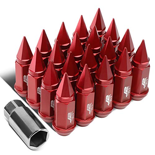 J2 Engineering 7075-T6 Aluminum M12 x 1.25 20Pcs 75mm Tall Spiky Cap Lug Nut w/Adapter Red