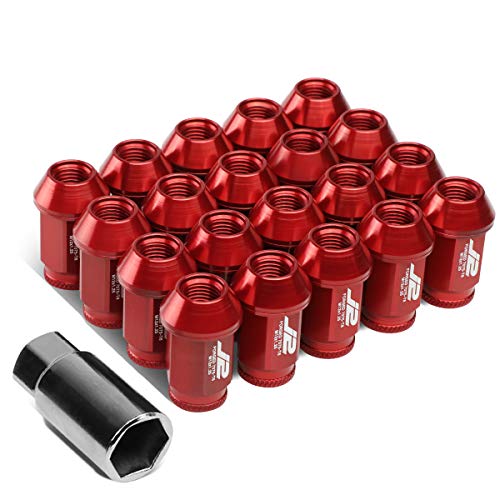 J2 Engineering 7075-T6 Aluminum M12 x 1.25 20Pcs 40mm Tall Open-End Lug Nut w/Socket Adapter Red