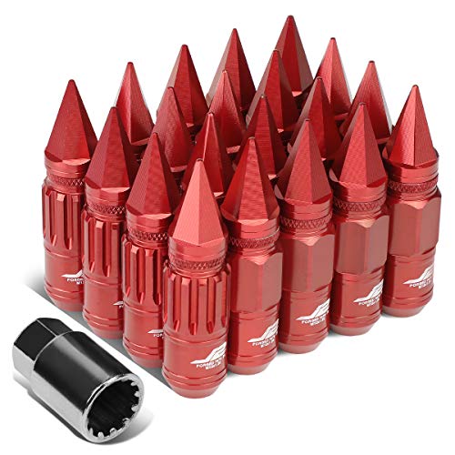 J2 Engineering LN-T7-012-125-RD 7075-T6 Aluminum M12 x 1.25 16Pcs 80mm Tall Spiky Cap Lug Nut w / 4Pcs Lock+Key Red