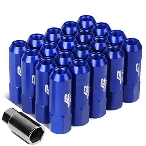 J2 Engineering 20 Pcs 7075 Aluminum Tall Open End M12 x 1.25 Lug Nuts Set w/Socket Adapter, Blue, Fit Conical Seat, LN-T7-003-125-BL