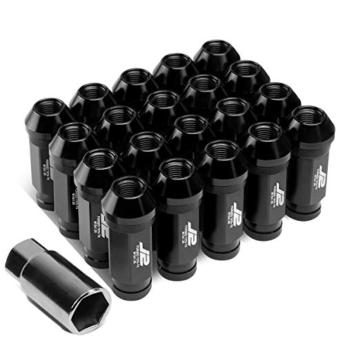J2 Engineering 7075-T6 Aluminum M12 x 1.25 20Pcs 60mm Tall Open-End Lug Nut w/Adapter Key Black