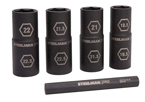 Steelman Pro 5-Piece 1/2-Inch Drive Metric 6-Point Thin Wall Impact Flip Socket and Knockout Bar Set with Half Sizes (18.5 x 19.5mm, 21 x 21.5mm, 22 x 22.5mm, and 21.5 x 22.5mm Sockets) 5-piece Set