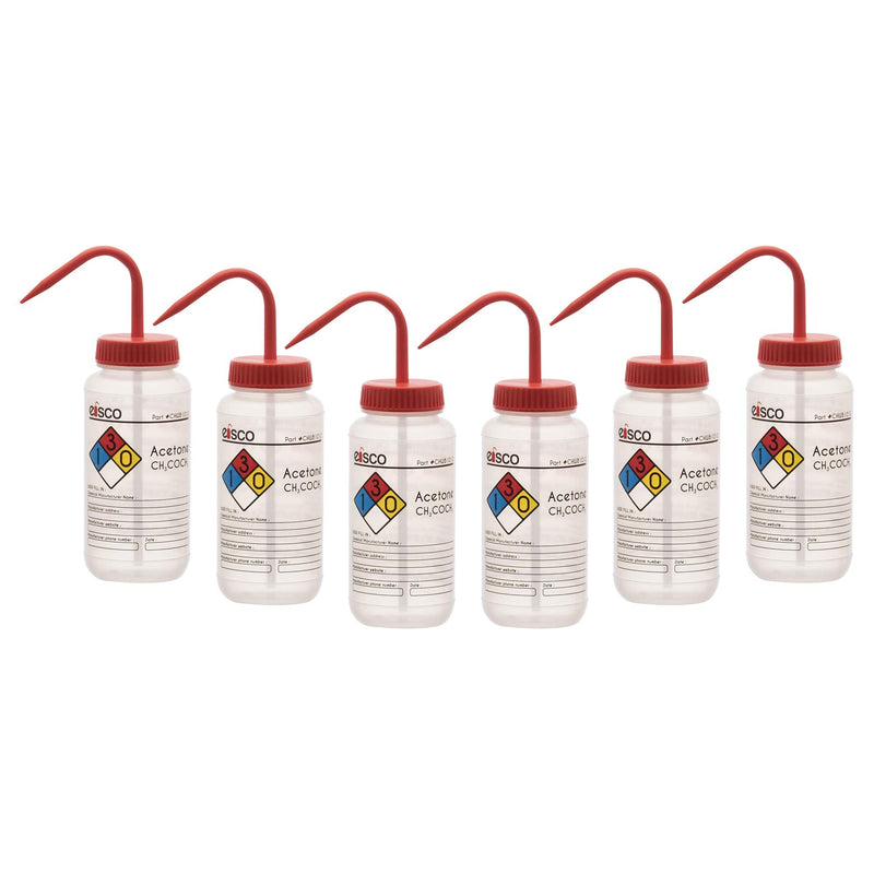 EISCO 6PK Wash Bottle for Acetone, 500ml - Labeled with Color Coded Chemical & Safety Information (4 Colors) - Wide Mouth, Self Venting, Low Density Polyethylene Labs 6
