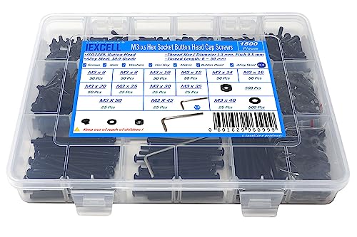 iexcell 1500 Pcs M3 x 6/8/10/12/14/16/20/25/30/35/40/45/50 Alloy Steel 10.9 Grade Hex Socket Button Head Cap Screws Bolts Nuts Washers Assortment Kit, Black Oxide Finish M3 x 6/8/10/12/14/16/20/25/30/35/40/45/50mm