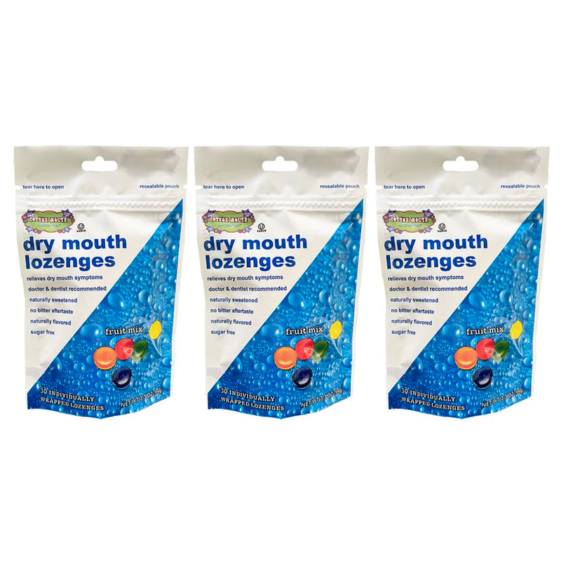 Cotton Mouth Lozenges Dry Mouth Relief Fruit Mix 3.3oz Bag (3 Bags) | Relieves Dry Mouth & Increases Saliva Production, Sugar Free, Gluten Free, Delicious Fruit Flavor, Individually Wrapped, 30 Ct