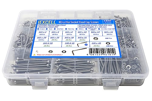 iexcell 1500 Pcs M3 x 4/6/8/10/12/16/20/25/30/35/40/45/50 Stainless Steel 304 Hex Socket Head Cap Screws Blots Nuts Washers Assortment Kit M3 x 4/6/8/10/12/16/20/25/30/35/40/45/50mm