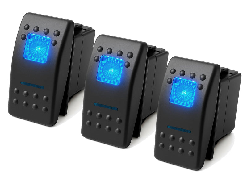 MGI SpeedWare 3-Pack Marine Rocker Switches with Illuminated LED, 20A 12vDC, SPDT Latching ON/Off/ON - Blue