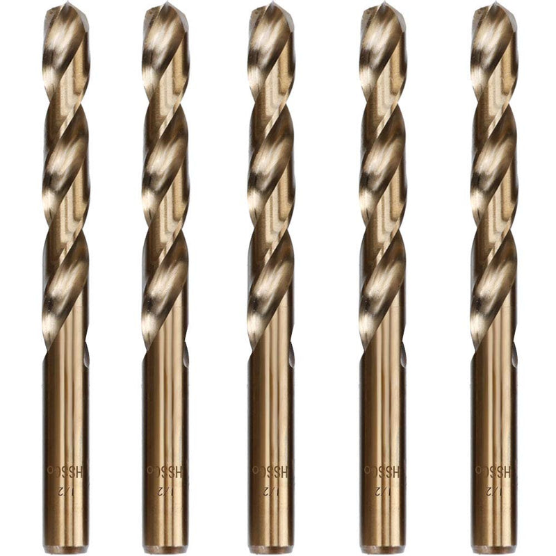 1/2 Inches 5-Pack Twist Drill Bits for Stainless Steel, M35 Cobalt Steel, Jobber Length, Dual Twist Flute, 135 Degree Split Point, Bronze Finish, with Tough PP Transparent Storage Case 1/2“(5pcs)