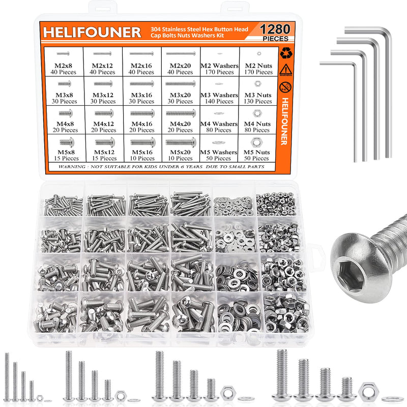 HELIFOUNER 1280 Pieces M2 M3 M4 M5 304 Stainless Steel Button Head Socket Cap Metric Screws Bolts Washers Nuts Hardware Assortment Kit with Hex Wrenches M2 M3 M4 M5 Button Head Socket Cap Screws Silver