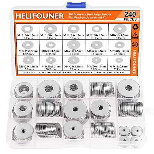 HELIFOUNER 240 Pieces 15 Sizes 304 Stainless Steel Large Fender Washer Assortment Kit (M3 M4 M5 M6 M8 M10 M12) M3-M12