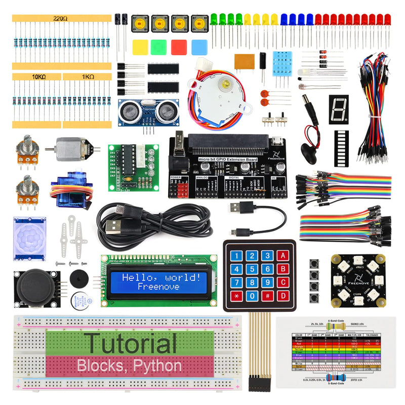 Freenove Ultimate Starter Kit for BBC Micro:bit (Not Included, Works with V1 & V2), 316-Page Detailed Tutorial, 224 Items, 44 Projects, Blocks and Python Code Without micro:bit