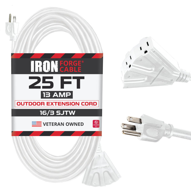 Iron Forge Cable 25ft White Outdoor Extension Cord with 3 Outlets - 16/3 SJTW 25ft Extension Cord 3 Prong, 13 Amp All-Weather Heavy Duty Power Cable 25 Foot