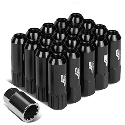 J2 Engineering 16Pcs 7075 Aluminum Open End M12 x 1.25 Lug Nuts w/4Pcs Lock Nuts & Key, Black, Fit Conical Seat, LN-T7-010-125-BK