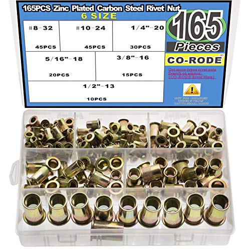 CO-RODE 165pcs 8-32, 10-24, 1/4"-20, 5/16"-18, 3/8"-16, 1/2"-13UNC Carbon Steel Flat Head Rivet Nuts Rivnut Threaded Insert Nutsert Assortment Kit