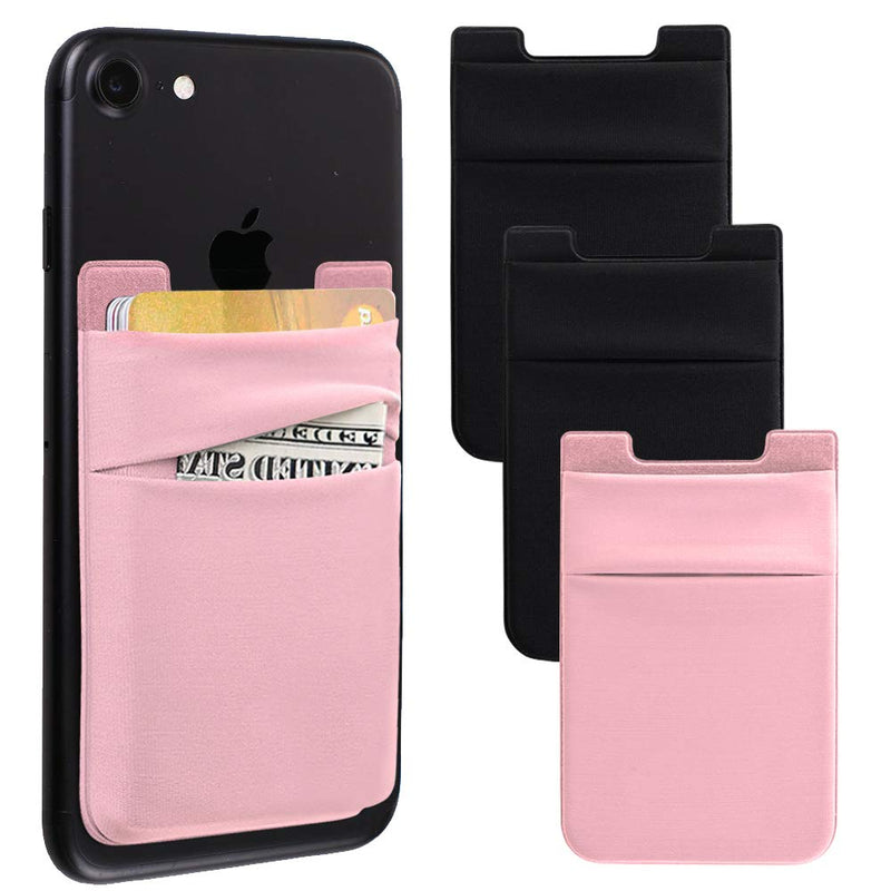 Phone Card Holder for Back of Phone, Stretchy Lycra Wallet Stick On Pocket Credit Card ID Case Pouch Sleeve 3M Adhesive Sticker Compatible with iPhone Samsung Galaxy 3Pack - Pink/Black Pink&Black