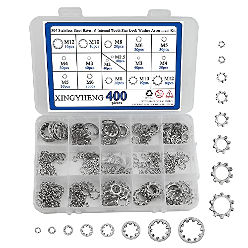 400Pcs 8 Size 304 Stainless Steel External Internal Tooth Star Lock Washer Circlip Snap Spring Ring Assortment Kit M2 M3 M4 M5 M6 M8 M10 M12