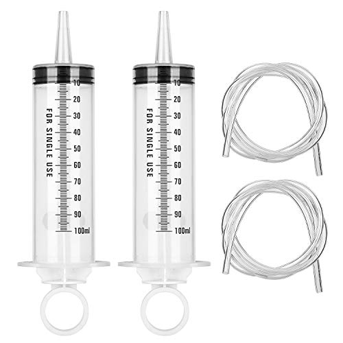 Hyber&Cara 100 ml Plastic Syringe with 100 cm Hose Made of PVC, Dosing Syringe, Feed Syringe, Marinating Syringe for Engine Oil, Brake Fluid Bleeding, Gardening, Pack of 2 | Dosing Syringe, Feeder Syringe, Marinating Syringe, Suction Syringe for Engine...