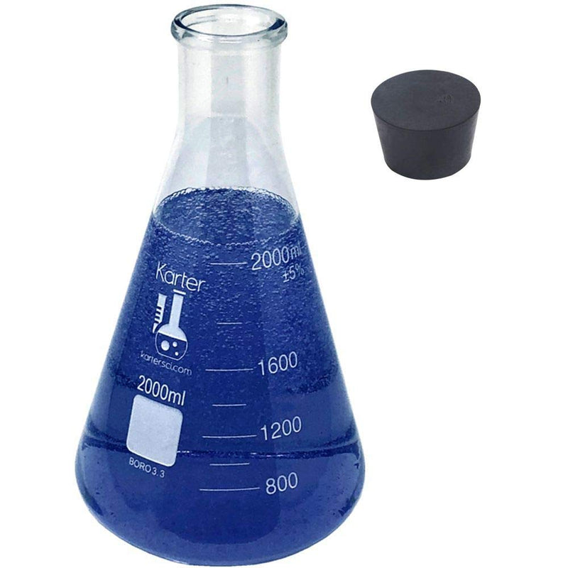 2000ml Narrow Mouth Erlenmeyer Flask with Rubber Stopper, 3.3 Borosilicate Glass, Karter Scientific (Single) 2000ML SINGLE