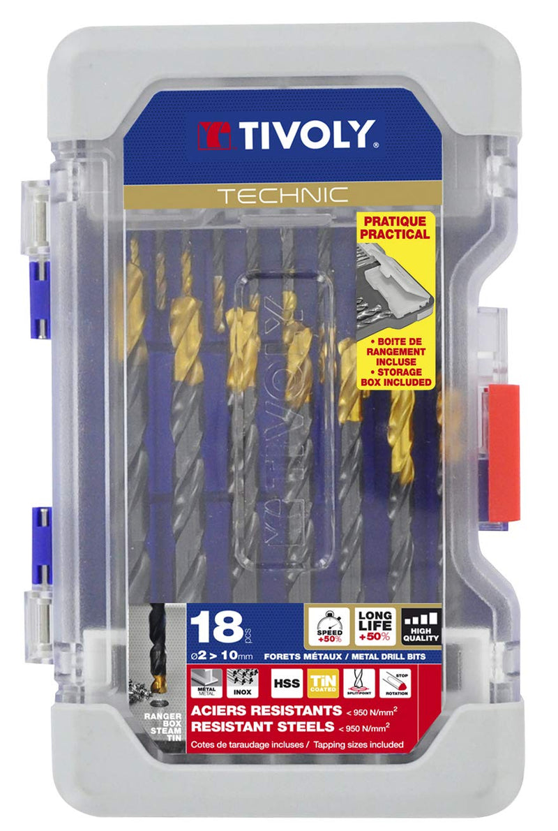 TIVOLY - Coffret Forets Métaux Haute Performance - Pour Perçage Métaux, Cuivre, Aluminium, Fonte, INOX - 18 Forets HSS Ø1/12.5" à 3/8" 18 Pieces