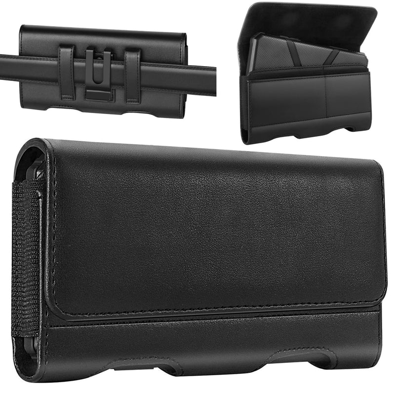 Mopaclle Phone Holster for Galaxy A73 5G A72 A23 A54 A42 A14 A03 A04s F13, iPhone 15 Pro Max 15 Plus Xs Max Moto G14 Leather Phone Belt Clip Pouch Belt Holder Case (Fits w/Phone Otterbox Case) Leather- Black XL (6.85x 3.6x 0.75 in)