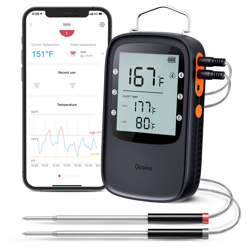 Govee Bluetooth Meat Thermometer, Wireless Meat Thermometer for Smoker Oven, Digital Grill Thermometer with 2 Probes, Timer Mode, Smart LCD Backlight BBQ Thermometer for Cooking Turkey Fish Beef 2 x Probes Black