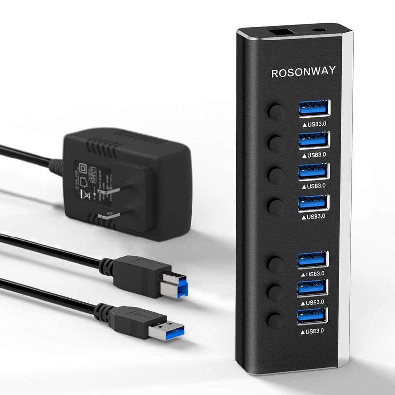 USB Hub 3.0 Powered Rosonway Aluminum 7 Ports USB 3.0 Data Hub Splitter with 24W (12V/2A) Power Adapter and Individual On/Off Switches USB Port Expander for PC and Laptop (RSH-A37S) 7-Port Powered USB 3.0 Hub