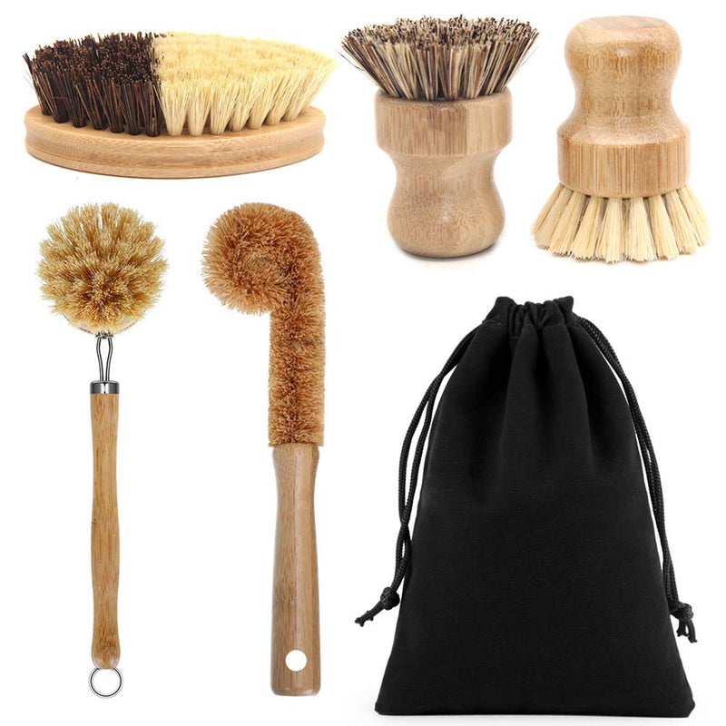 5 Pack Natural Bamboo Cleaning Brush Set, Pot Dish Scrub Brush with Handle and Flannel Bag Kitchen Brushes for Cast Iron Pots, Pans, Vegetable and Kitchen Cleaning Type 2