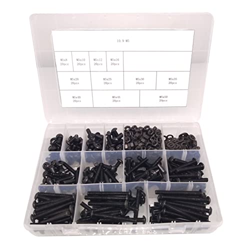 Yodaoke 220pcs M5-0.8 Button Head Socket Cap Screw, ISO 7380 Hex Drive, Class 10.9, Alloy Steel, with Nut and Washer Assortment Kit