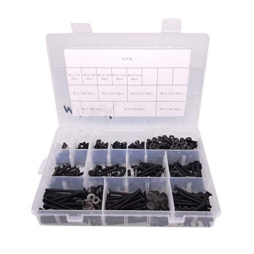 Yodaoke 240pcs M4-0.7 Flat Head Socket Cap Screws, Alloy Steel Grade 10.9, DIN 7991, Allen Socket Drive, with Nuts and Washers Assortment Kit