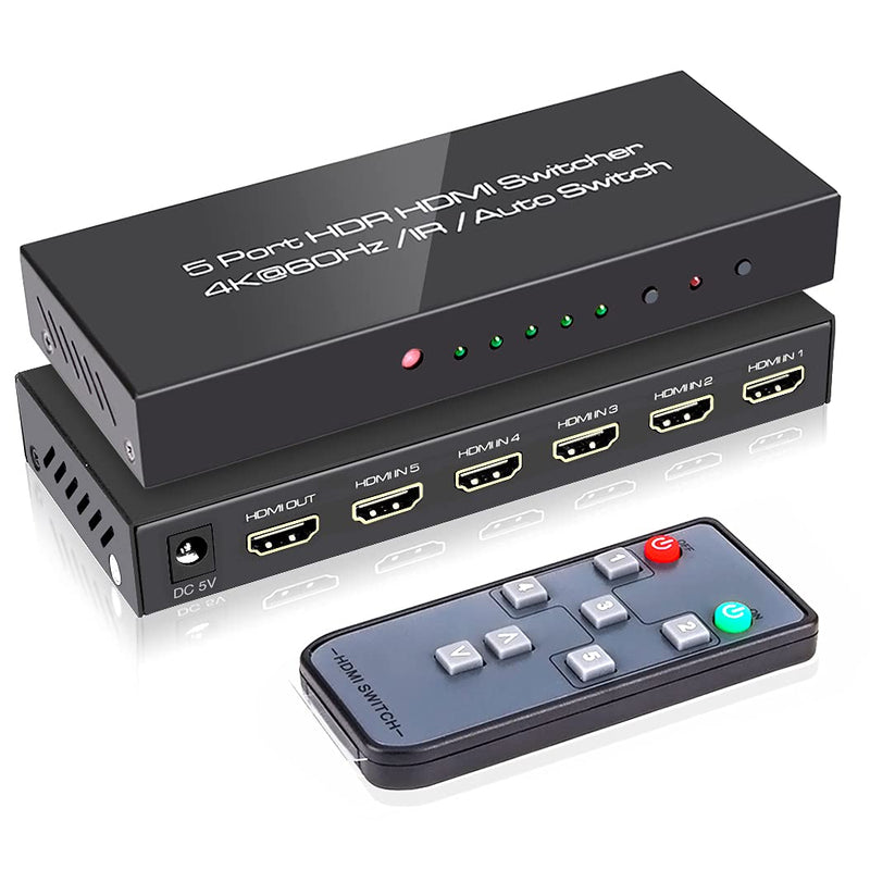 ROOFULL 5 Port 4K HDMI Switch with Remote 5 in 1 Out 4K@60Hz HDMI 2.0 Video Switcher Selector, Dolby Vision/Atmos Auto-Switching HDCP 2.2 HDR 10 CEC 18Gbps for PS5/4Pro Xbox Apple TV Black