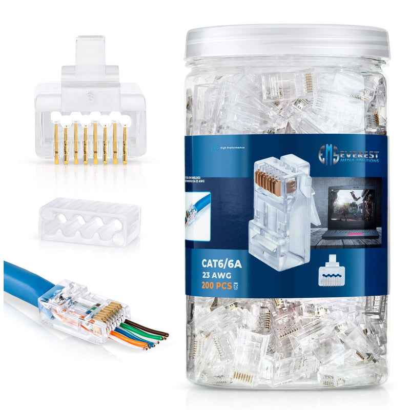 Everest Media Solutions RJ45 Cat6/6a Pass Through Connectors for a Thick 23 AWG Large Diameter UTP Network Cable, 200 Pcs | Insert Guides Included Quantity 200