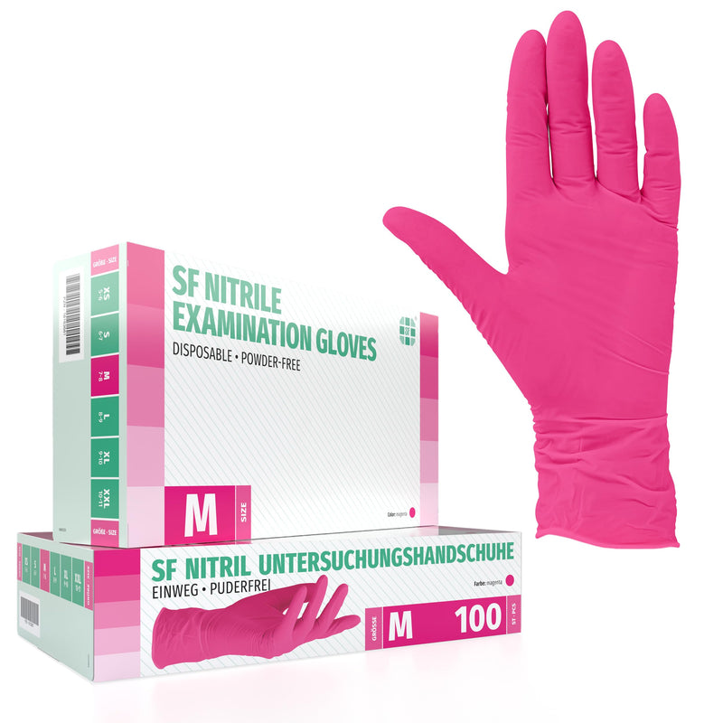 SF Nitrile Gloves M Magenta - Pack of 100 Disposable Gloves, Latex-Free | Powder-free disposable gloves for tattoos, workshops, kitchens, cleaning and household use; versatile for commercial and everyday use