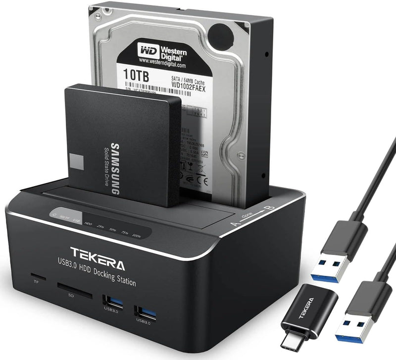 ikuai SATA to USB 3.0 Dual Bay Hard Drive Dock for 2.5" and 3.5" SATA HDD SSD with SD TF Card Reader 2 USB 3.0 Ports and Offline Clone Function External Hard Drive Docking Station (UASP Supported)