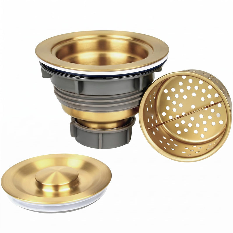 LQS Kitchen Sink Drain Strainer Assembly, Sink Drain 304 Stainless Steel with Removable Deep Waste Basket and Sealing Lid 3-1/2-inch Golden Deep Locking