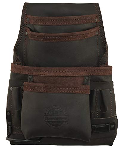 Graintex OS2714 10 Pocket Nail & Tool Pouch Top Grain Oil Tanned Leather for Framers, Constructors, Electricians, Plumbers, Handyman Brown