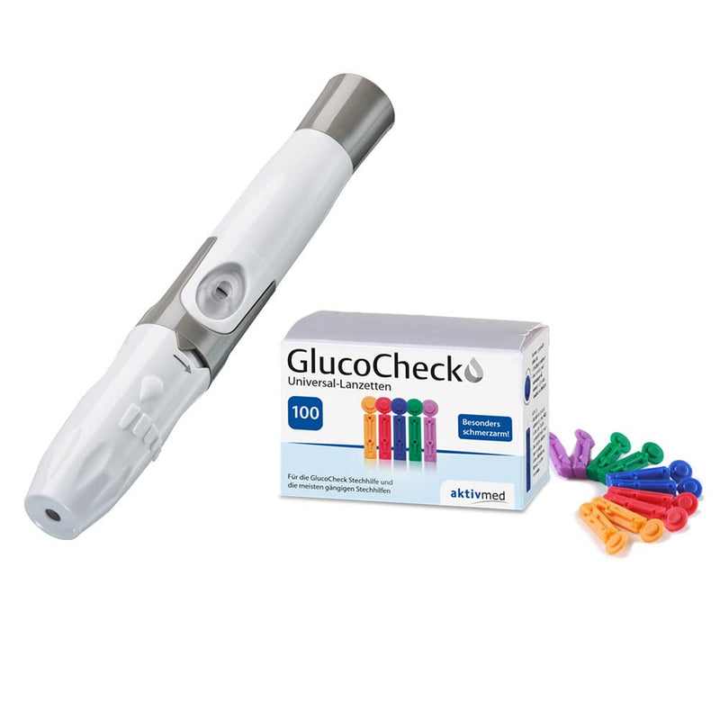 GlucoCheck Lancing Aid and 100 Universal Lancets by Gluco Check (Value Set) For obtaining a drop of blood for measuring blood glucose in diabetes.