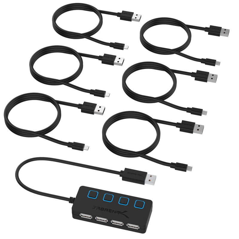SABRENT 4-Port USB 2.0 Hub with Individual LED lit Power Switches + [6-Pack] 22AWG Premium 3ft Micro USB Cables High Speed USB 2.0 A Male to Micro B Sync and Charge Cables