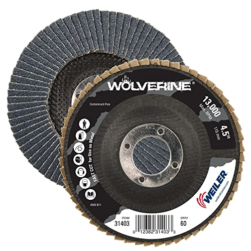 Weiler 31403 Wolverine 4-1/2" x 7/8" Arbor Hole Abrasive Flap Disc, 60 Grit Zirconia Alumina, Flat Type 27, Phenolic Backing, Standard Density (Pack of 10) Value Steel / Metal