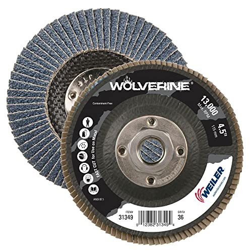Weiler 31349 Wolverine 4-1/2" x 5/8"-11 UNC NUT Abrasive Flap Disc, 36 Grit Zirconia Alumina, Bevel Type 29, Phenolic Backing, Standard Density (Pack of 10) Value Steel / Metal