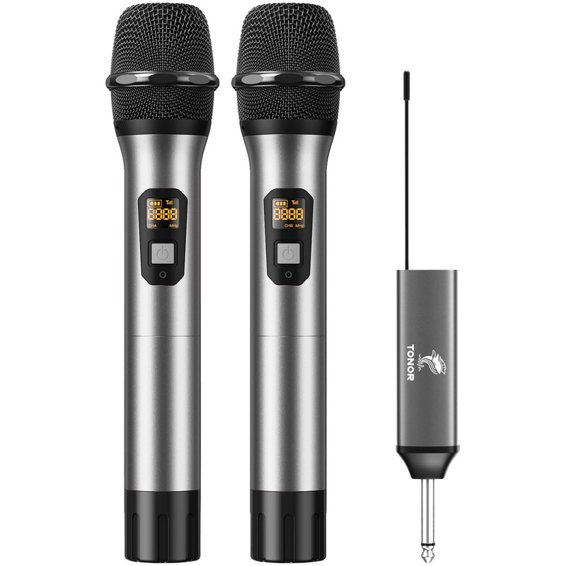 TONOR Wireless Microphones, UHF Dual Cordless Metal Dynamic Mic System with Rechargeable Receiver, for Karaoke Singing, Wedding, DJ, Party, Speech, Church, Class Use, 200ft TW630 Silver
