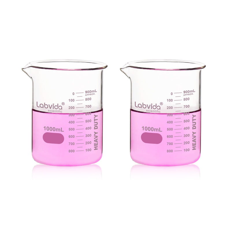 2pcs 1000ml Upgrated Thick Glass Beakers, Griffin Low Form Beaker Set with Double Scale, 3.3 Boro, LVA014 2pcs of Vol.1000ml