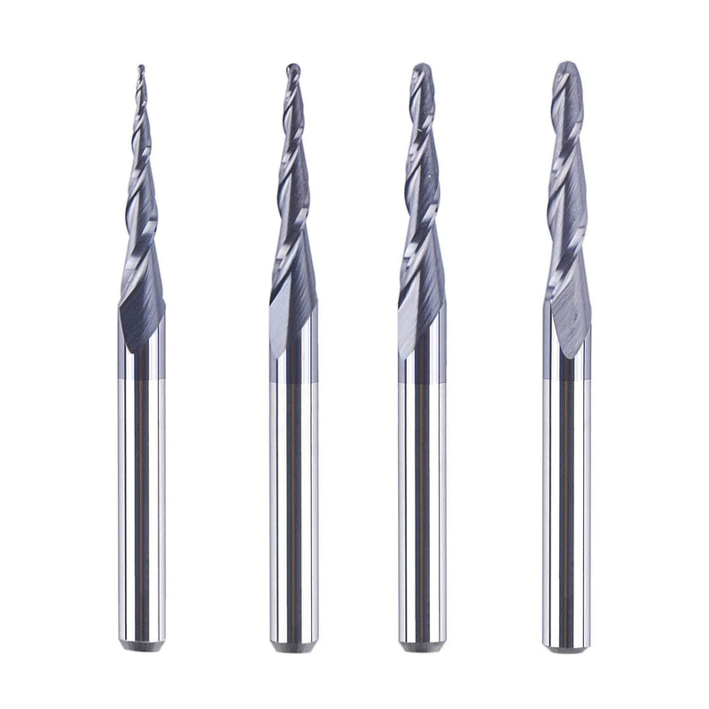 SpeTool Set of 4 2 Flute Ball End Mills with Conical Tip Milling Cutter CNC Engraving R0.25 mm - 1.0 mm 3.175 mm (1/8 Inch) Shank Solid Carbide Cutter for Router with TiAlN Coating for 2D 3D Engraving