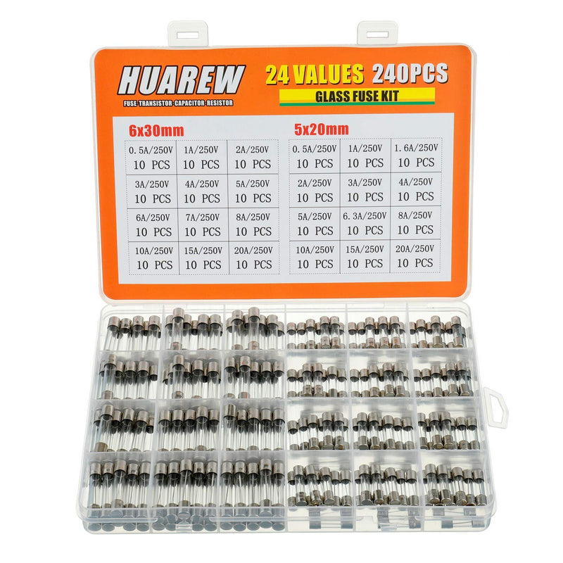 24 Values 240 Pieces Quick Melt Glass Fuses 250V Voltage 5x20mm 0.5 1 1.6 2 3 4 5 6.3 8 10 15 20A 6x30 mm 0.5 1 2 3 4 5 6 7 8 10 15 20 A Ampere Classification Kit
