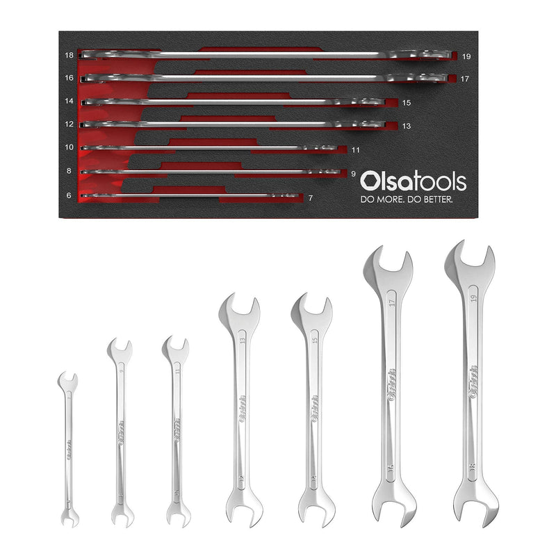 Olsa Tools Super-Thin Open-End Wrench Set - 7pc Metric Slim Spanners - 6mm to 19mm - Professional-Grade Hand Tools with EVA Foam Tray - Part: 1253 Cr-v