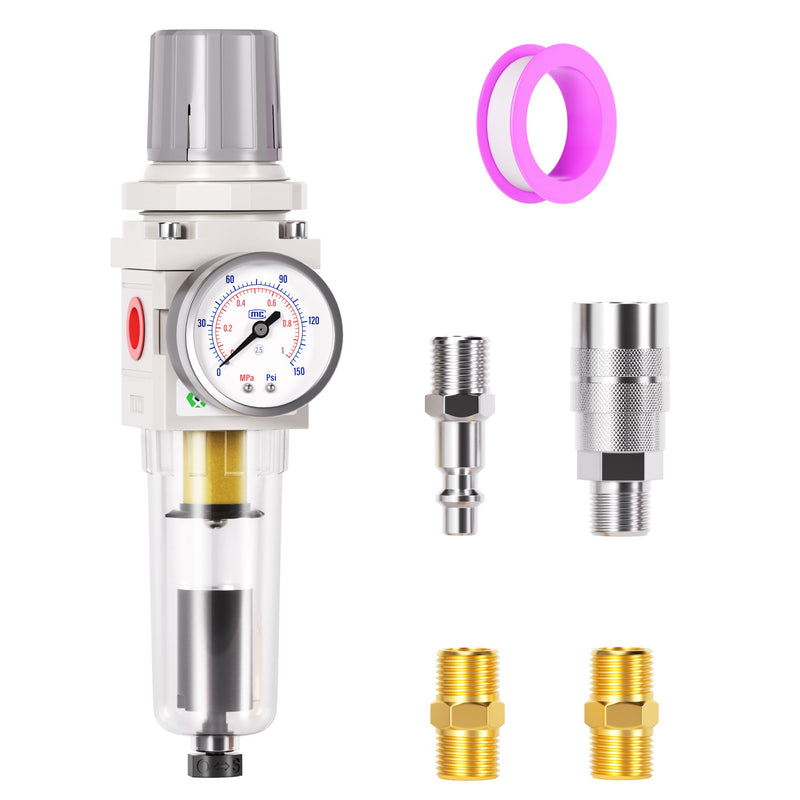 TAILONZ PNEUMATIC 1/4 Inch NPT Automatic Drain Air Filter Pressure Regulator Combo Piggyback, Air Tool Compressor Filter with Gauge AW2000-02D 1/4"NPT Auto Drain
