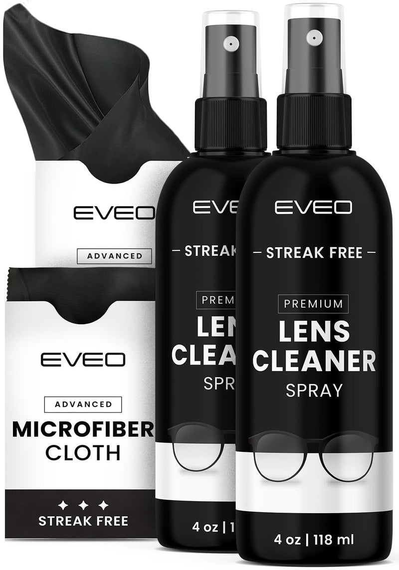 EVEO Eyeglass Cleaner Spray - No Streaks Technology with Microfiber Cleaning Cloth- Glasses Cleaning Kit - Glasses Cleaner Spray with Lens Cleaner Cloth - Screen & Eye Glasses Kit - 8oz (4ozx2)