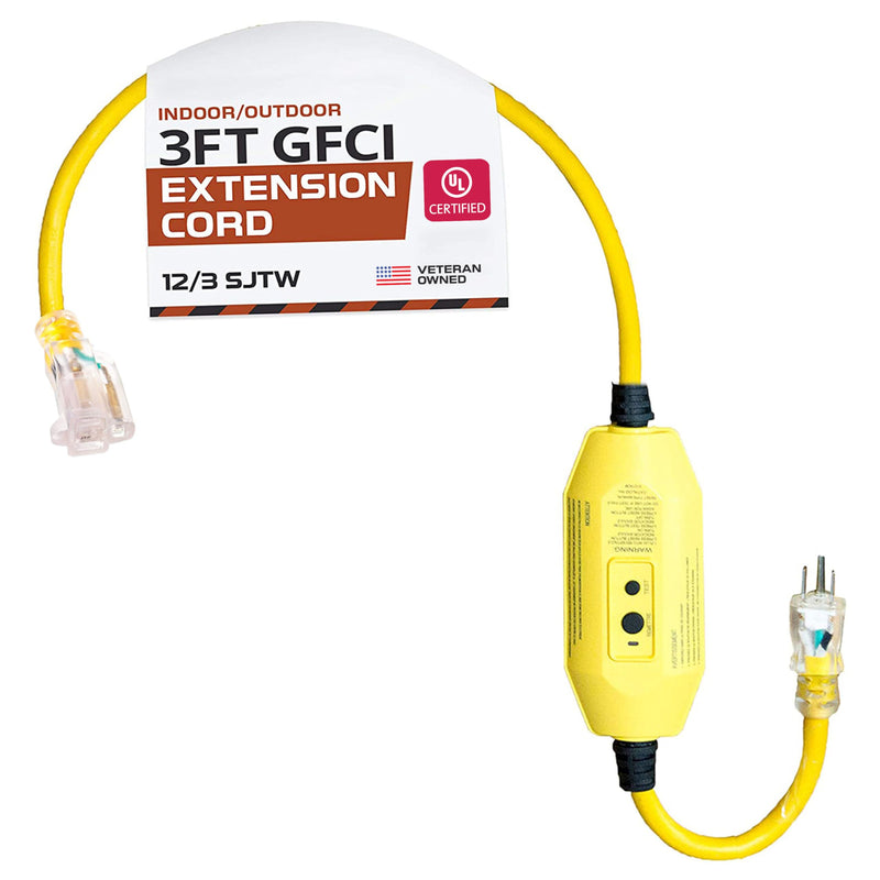 IRON FORGE CABLE 3 Foot Lighted Outdoor GFCI Extension Cord - 12/3 SJTW Heavy Duty Yellow Pigtail Extension Cable with 3 Prong Grounded Plug for Safety, 15 AMP 1 Outlet-Inline