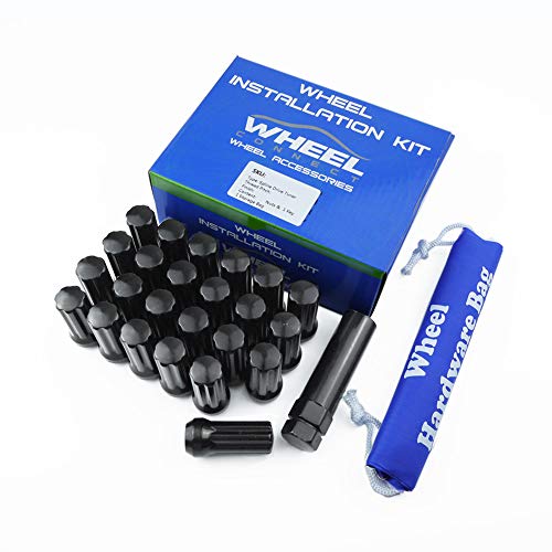 WHEEL CONNECT Spline Lug Nuts,14x1.5, Acorn for Conical Seat. Set of 24 with 1 Key and 1 Storage Bag, for Aftermarket Custom Tuner Wheel, Steel, Black Finish.M14 X 1.5 M14 X 1.5
