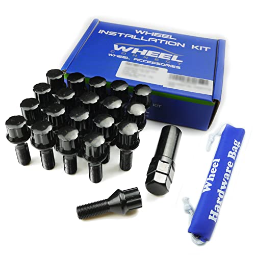 WHEEL CONNECT Spline Lug Bolts,14x1.25,Acorn for Conical Seat. Set of 20 with 1 Key and 1 Storage Bag, for Aftermarket Custom Tuner Wheel, Steel, Black Finish.M14 X 1.25. M14 X 1.25